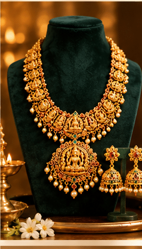 Alt text: Gold bangle and traditional gold jewellery collection with necklace, earrings and ring