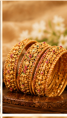 Alt text: Gold bangle and traditional gold jewellery collection with necklace, earrings and ring