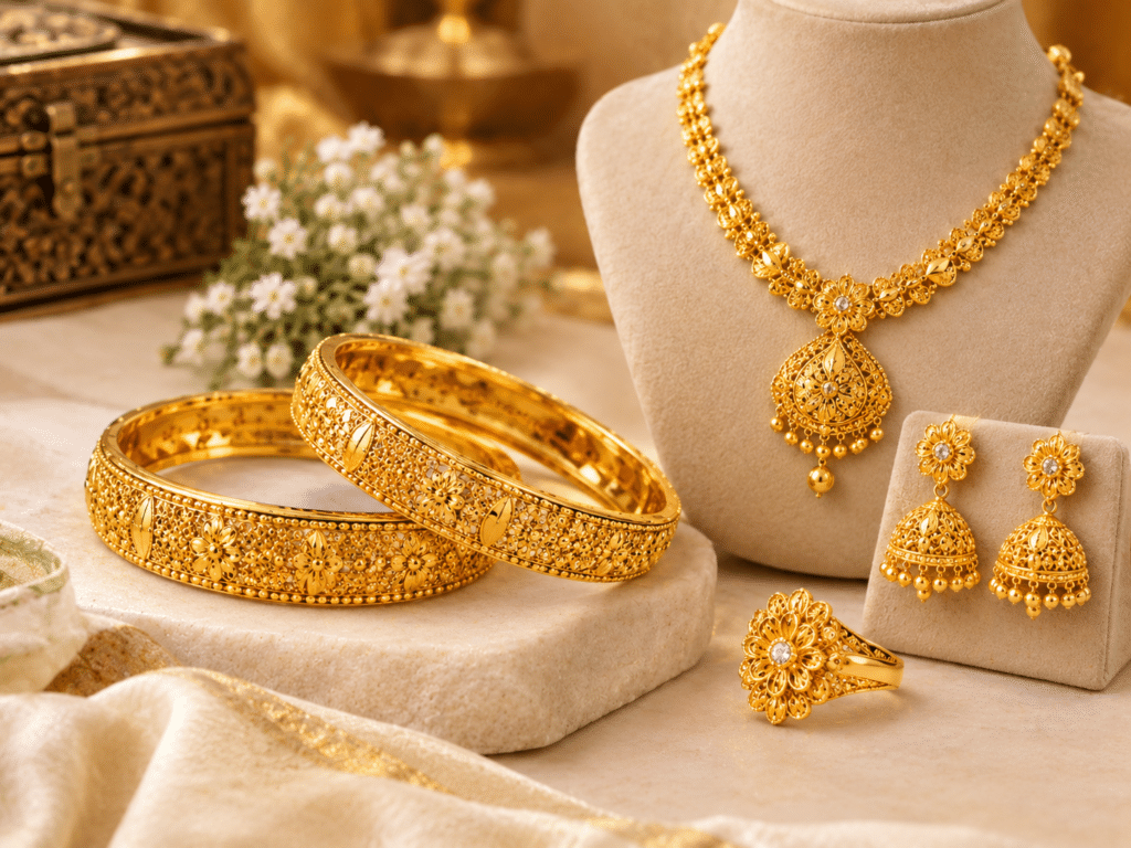 Gold bangle and traditional gold jewellery collection with necklace, earrings and ring